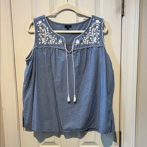 Talbots Chambray Sleeveless Blouse with White Embroidery